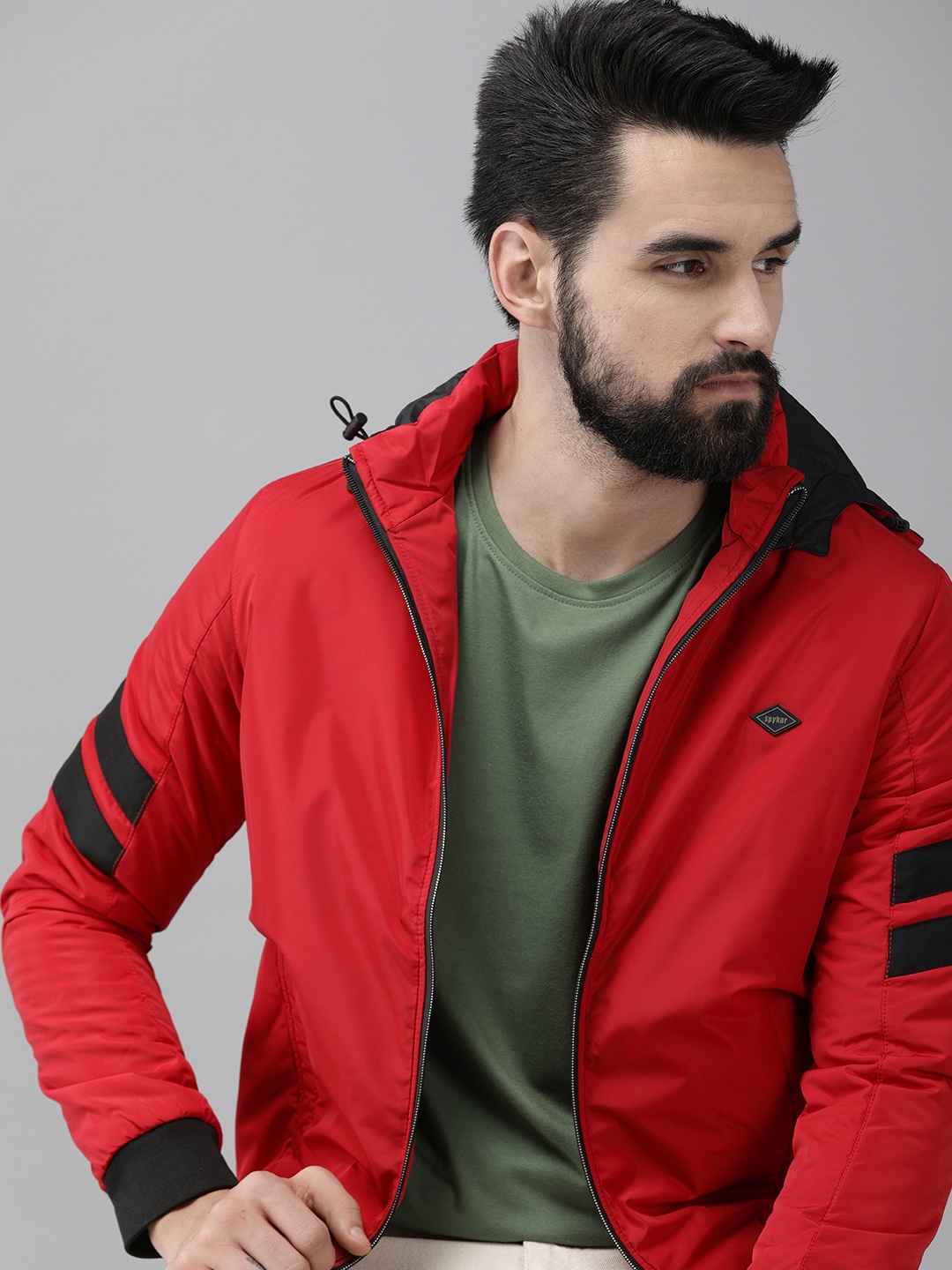 

SPYKAR Men Red Solid Insulator Bomber Jacket With Detachable Hood