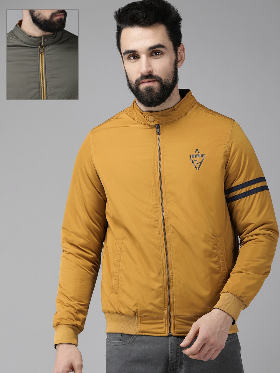

SPYKAR Men Mustard Yellow & Olive Green Reversible Bomber Jacket