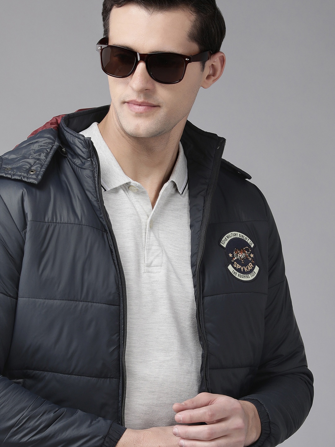 

SPYKAR Men Navy Blue Applique Detail Bomber Jacket