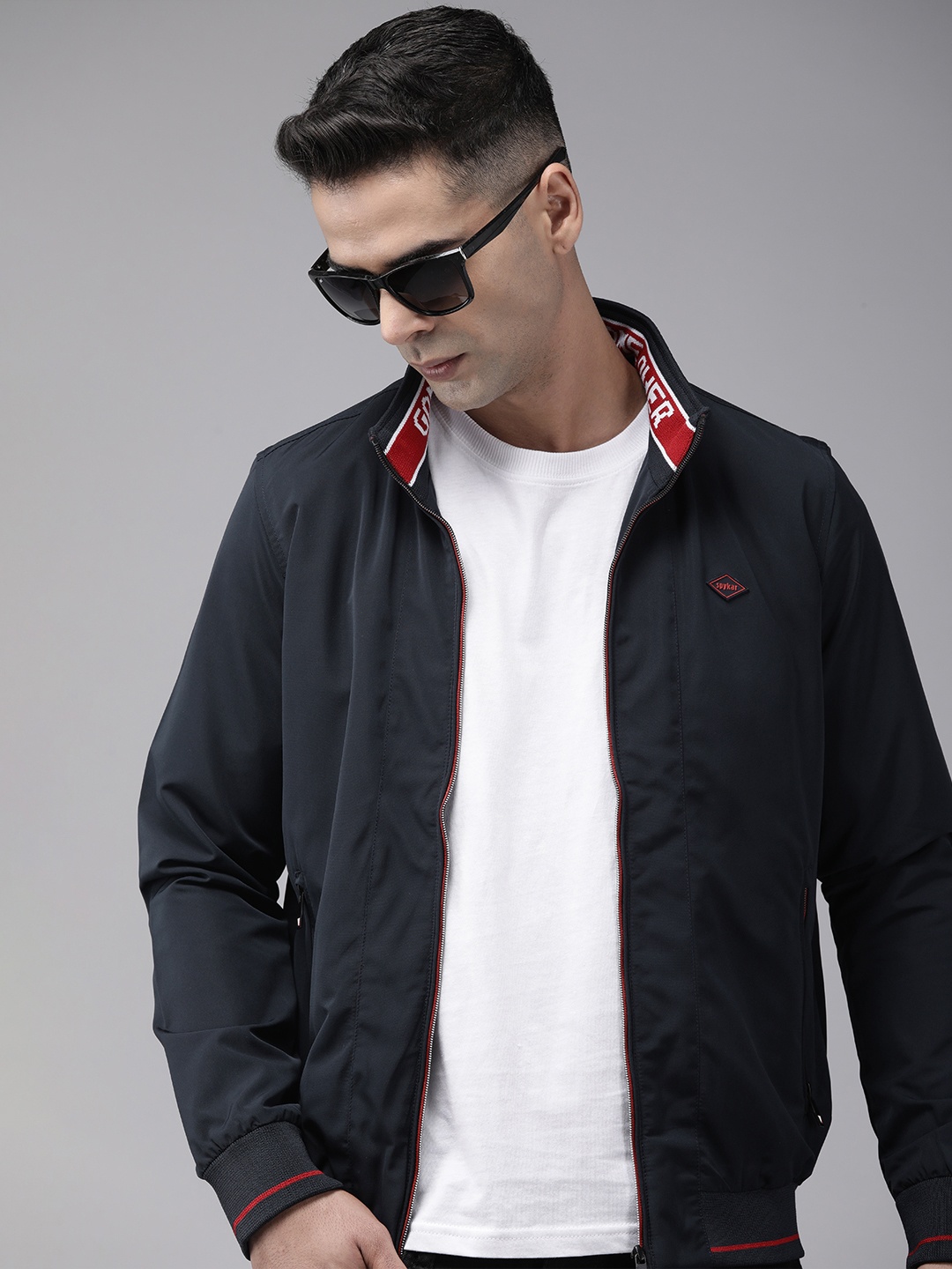 

SPYKAR Solid Stand-Collar Bomber Jacket, Navy blue