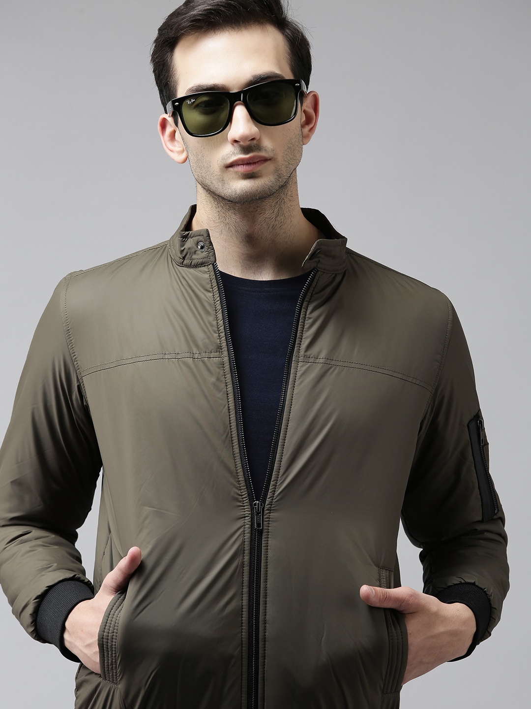 

SPYKAR Men Olive Green Solid Bomber Jacket