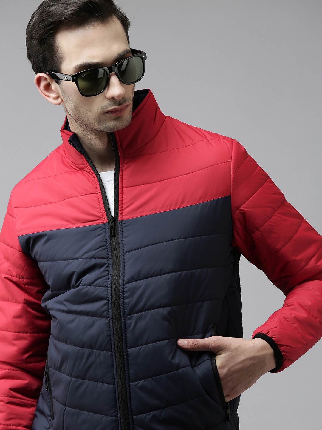 

SPYKAR Men Navy Blue & Red Colourblocked Padded Jacket