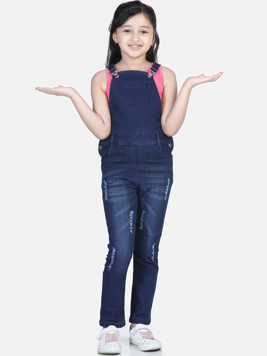 

StyleStone Girls Blue Solid Distressed Cotton Denim Dungarees