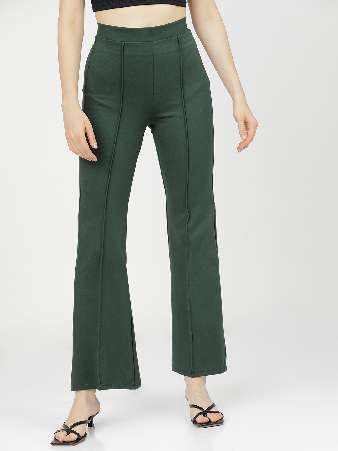 

Tokyo Talkies Women Green High-Rise Easy Wash Bootcut Trousers