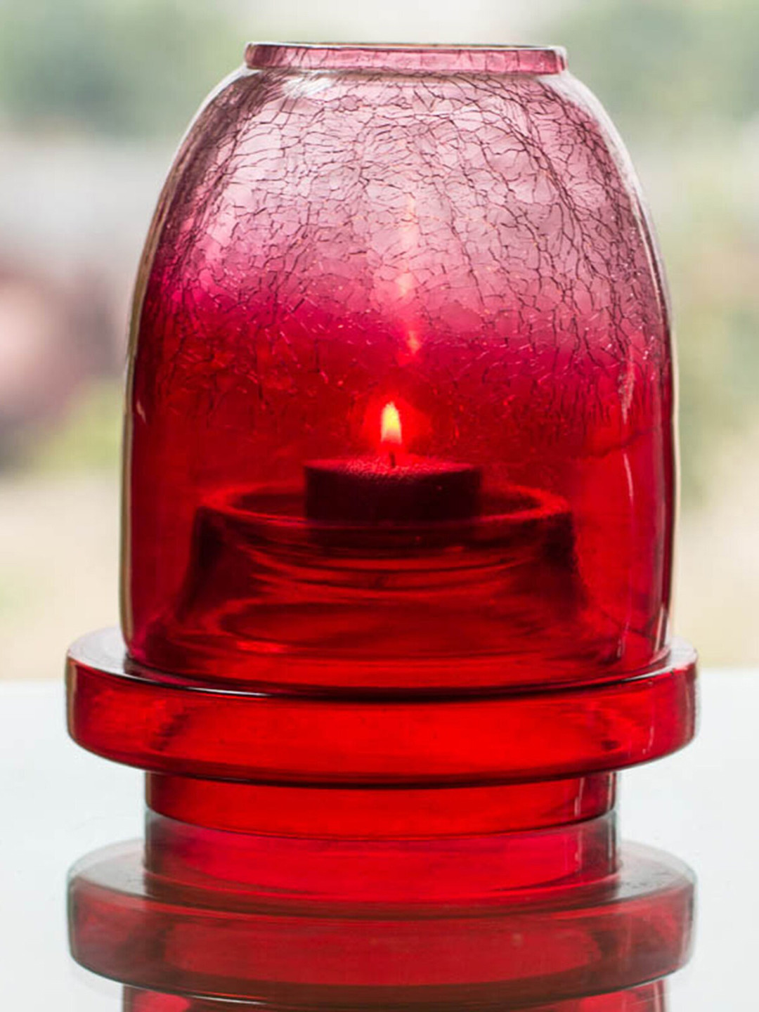 

Homesake Red Akhand Diya with Glass Cover