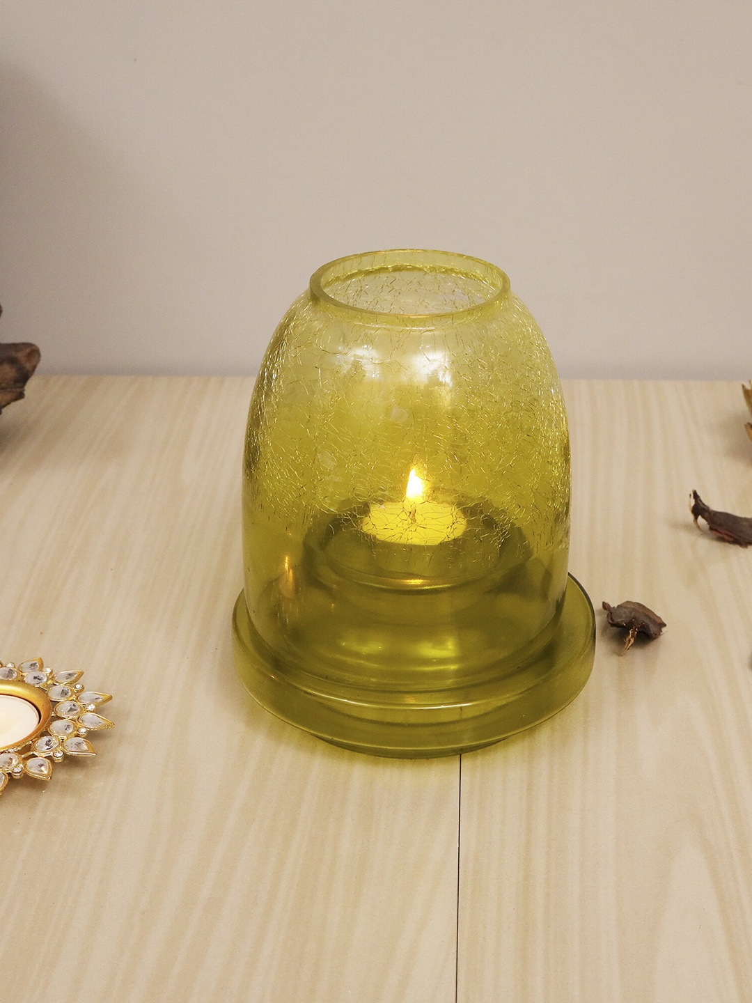 

Homesake Yellow Brass Akhand Diya with Glass Cover