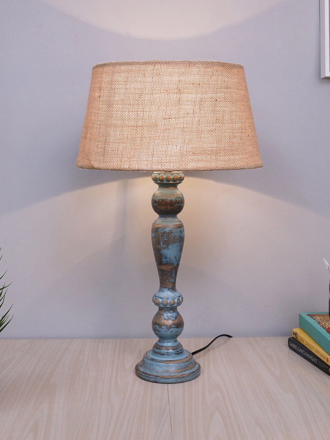 

Homesake Beige & Blue Eureka Polka Wooden Bedside Table Lamp