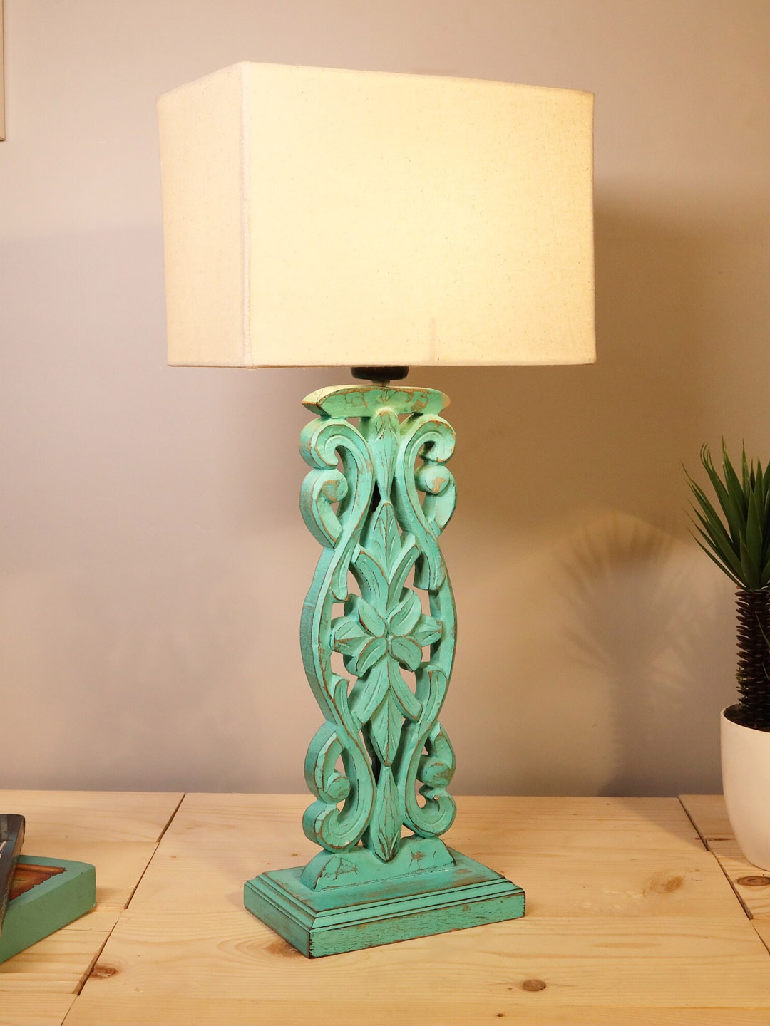 

Homesake White & Green Sculptural Hand Carved Wood Table Lamp with Khadi Shade