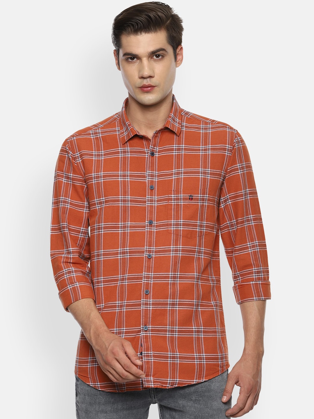 

Louis Philippe Sport Men Orange & White Checked Slim Fit Casual Shirt