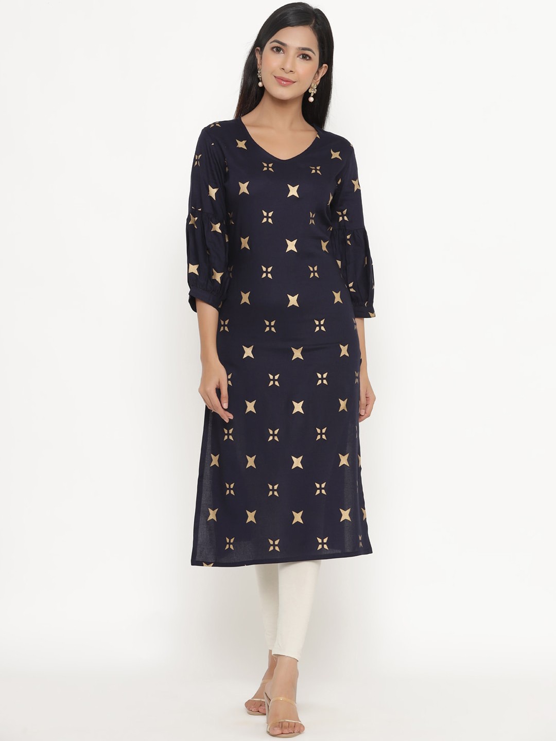 

Aprique FAB Women Blue & Gold-Toned Geometric Printed Straight Kurta