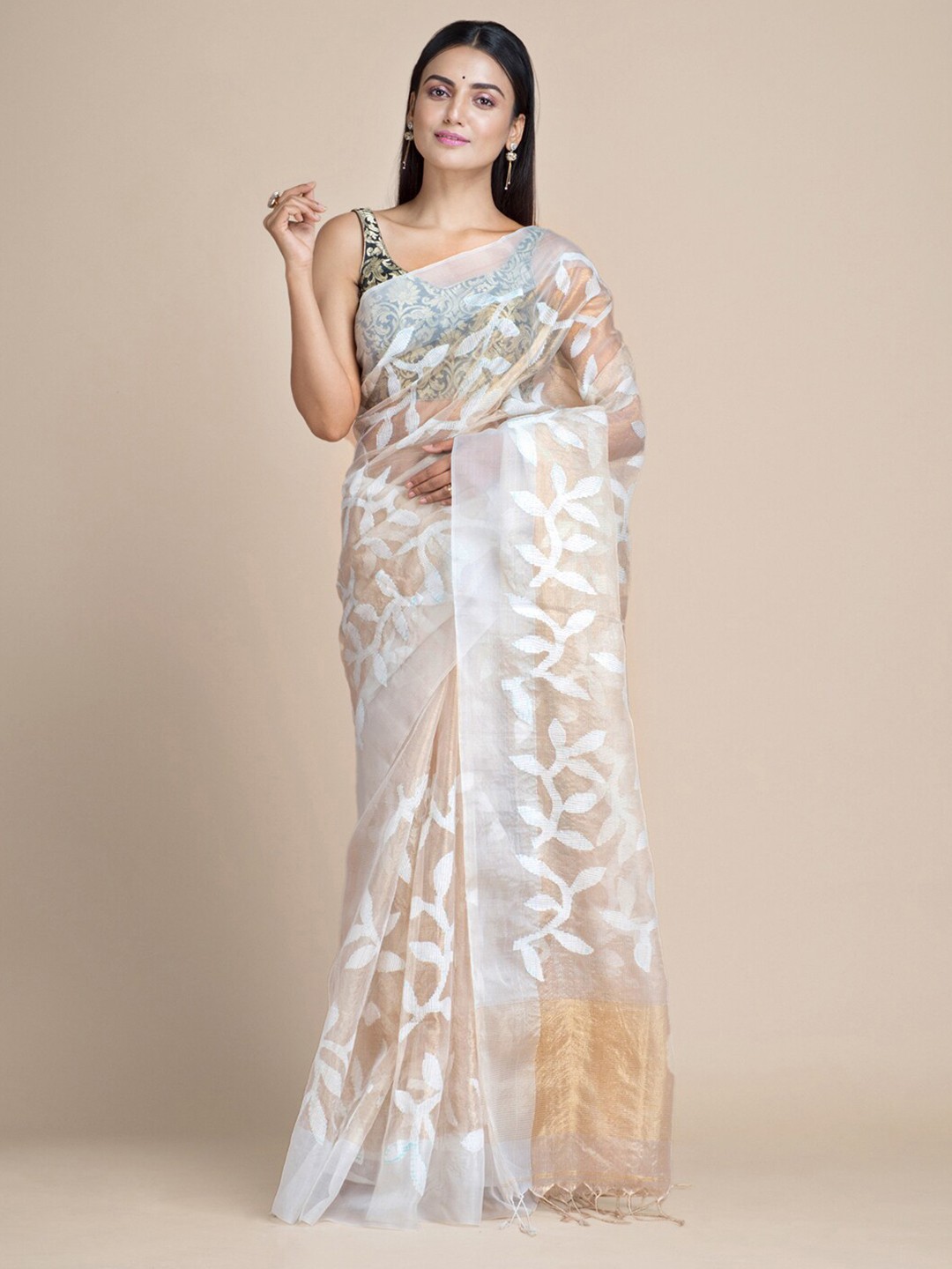 

Mitera White & Grey Woven Design Pure Silk Saree