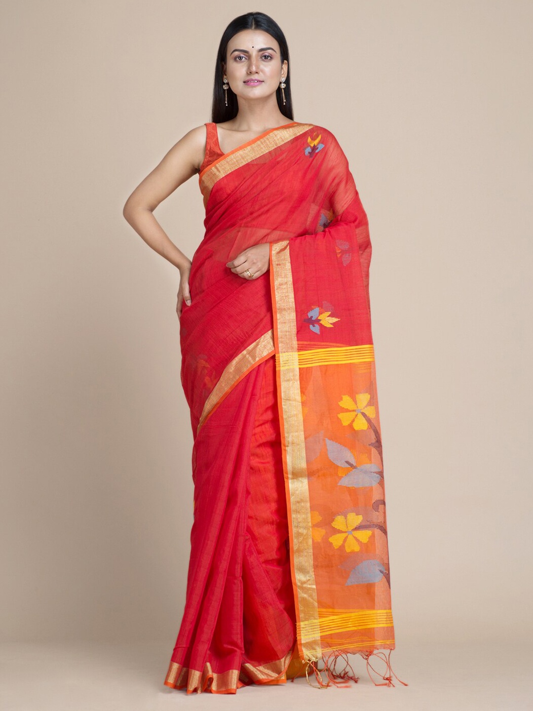 

Mitera Red & Orange Floral Handloom Silk Cotton Saree