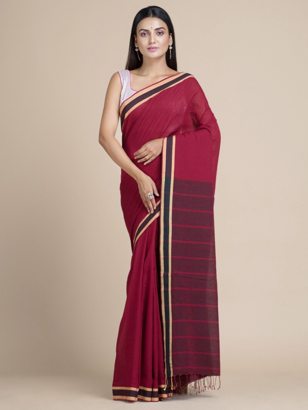 

Mitera Maroon & Beige Zari Pure Cotton Saree