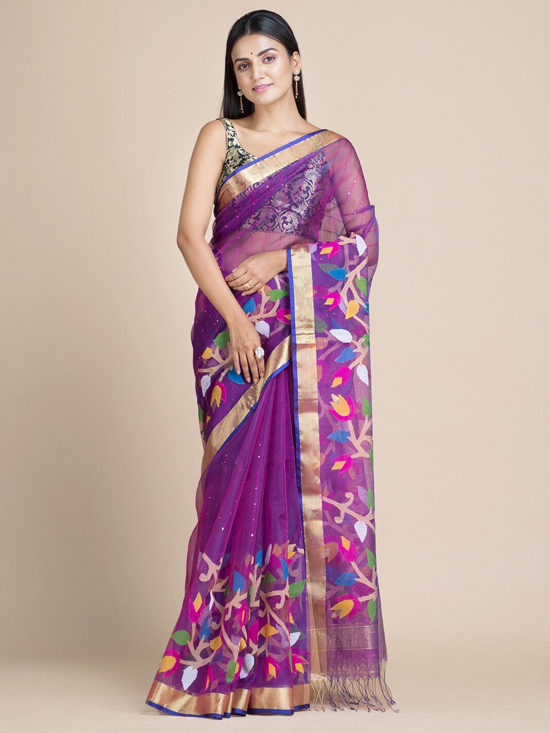 

Mitera Purple & Green Woven Design Zari Silk Cotton Handloom Saree
