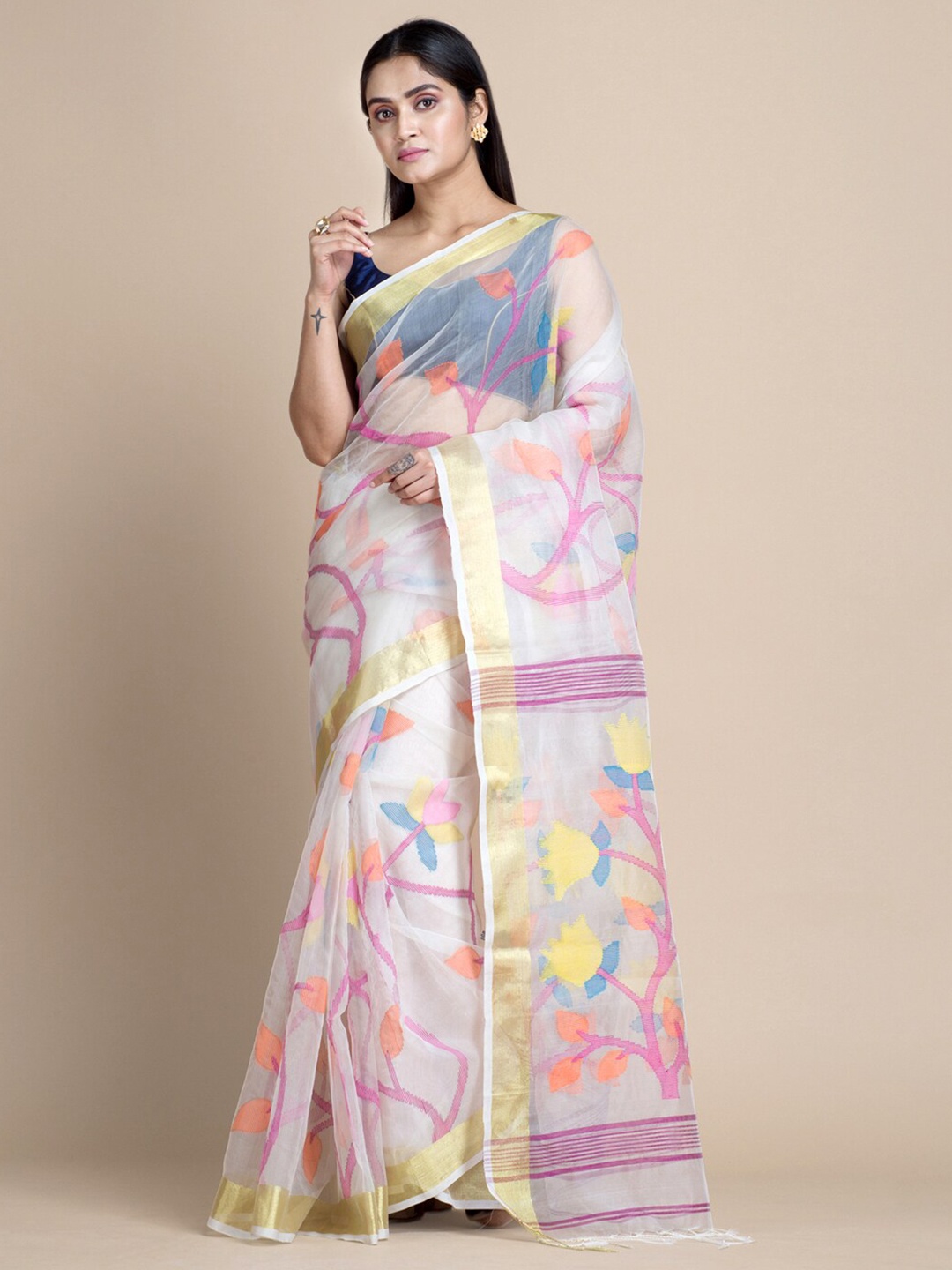 

Mitera Off White Floral Handloom Silk Cotton Saree