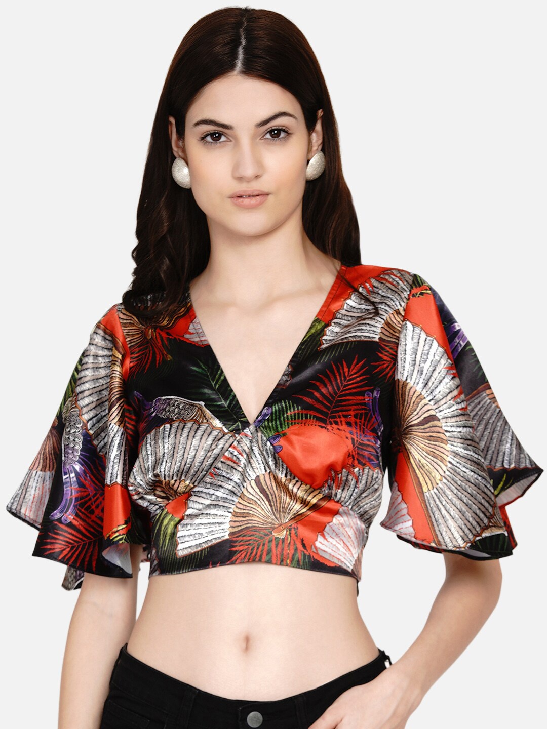 

Samshek Red & Silver-Coloured Floral Flared Sleeves Fitted Crop Top