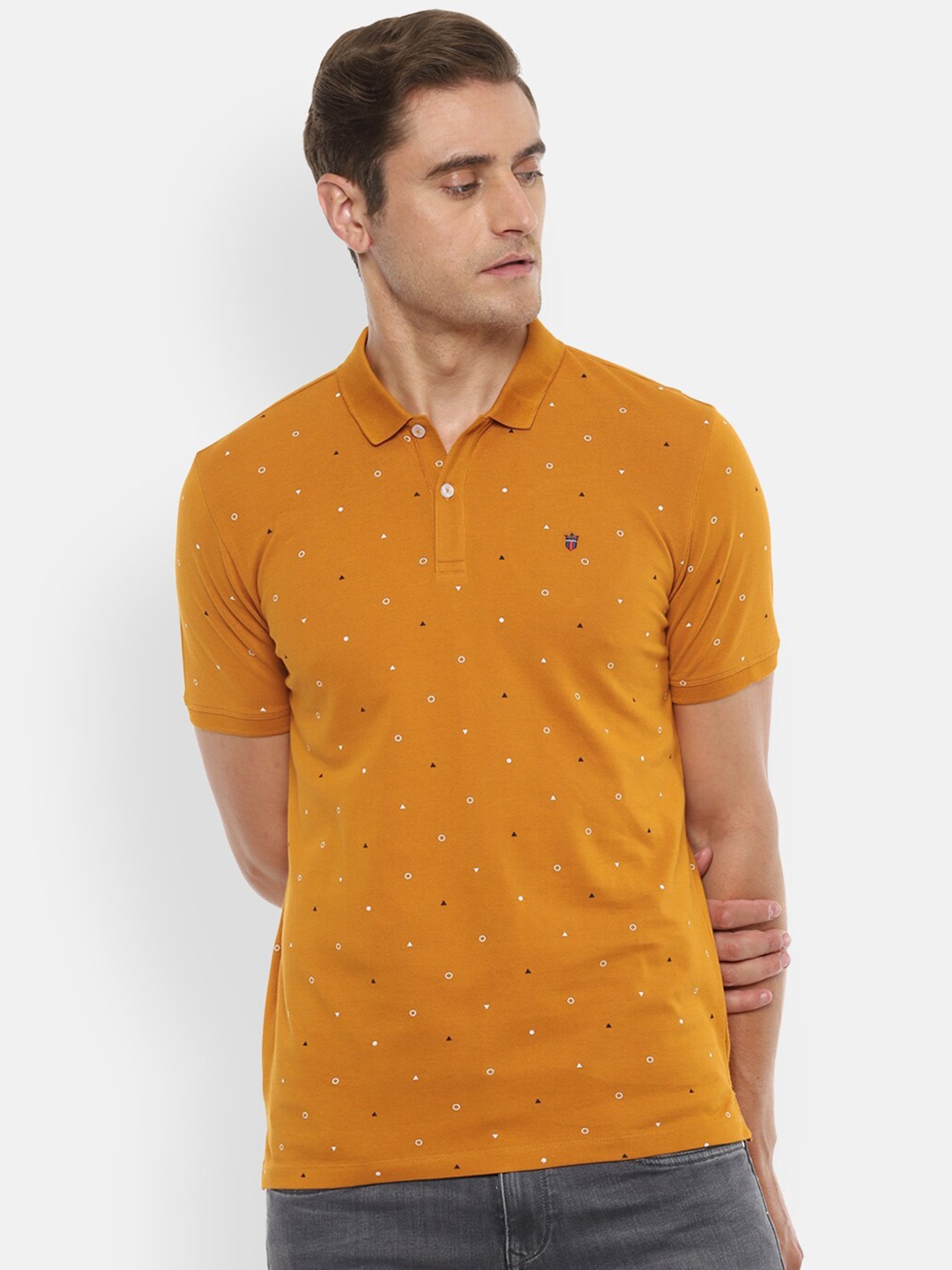 

Louis Philippe Jeans Men Mustard Yellow & White Printed Polo Collar Slim Fit T-shirt