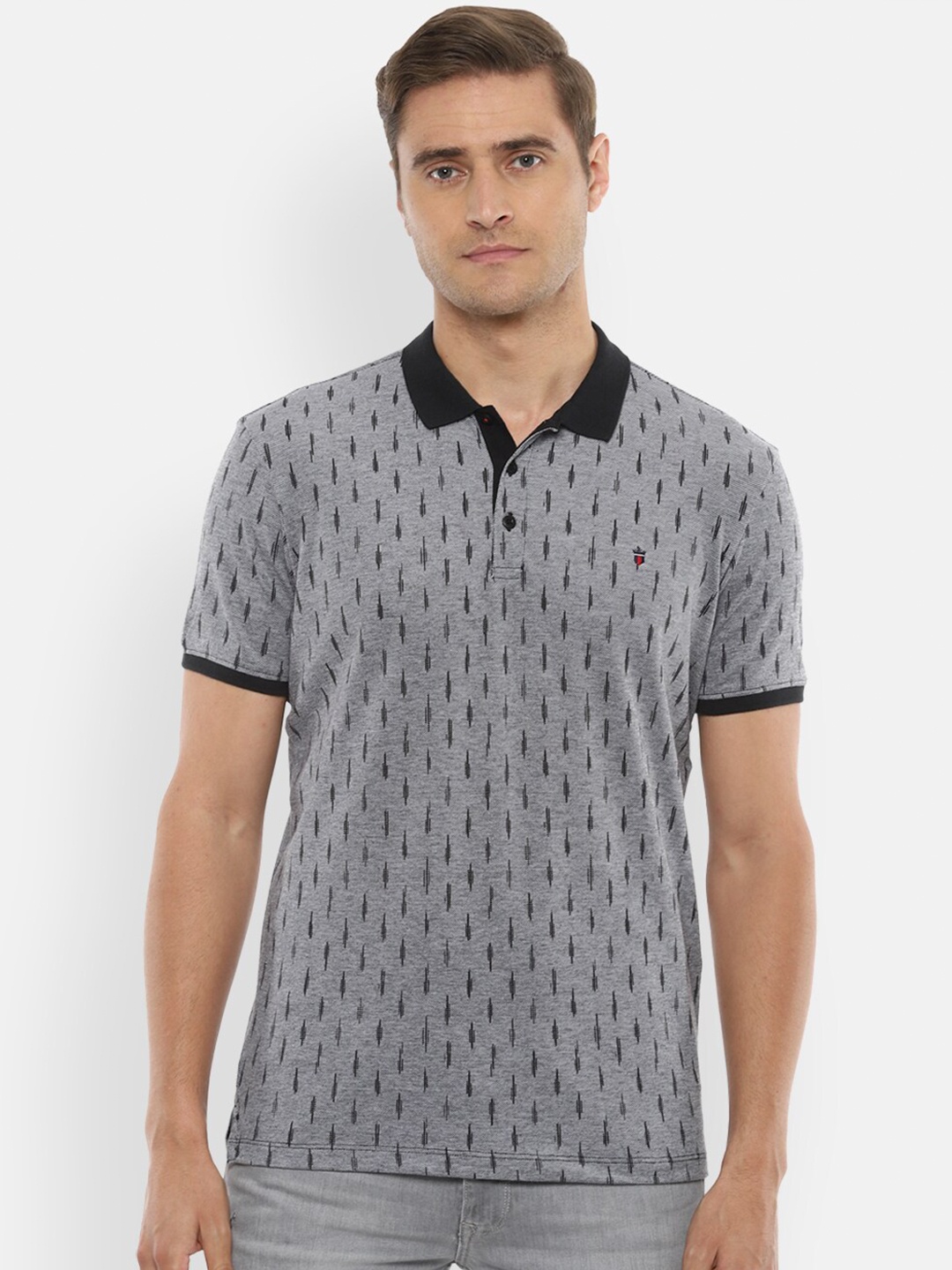 

Louis Philippe Jeans Men Grey Printed Polo Collar Pockets Slim Fit T-shirt