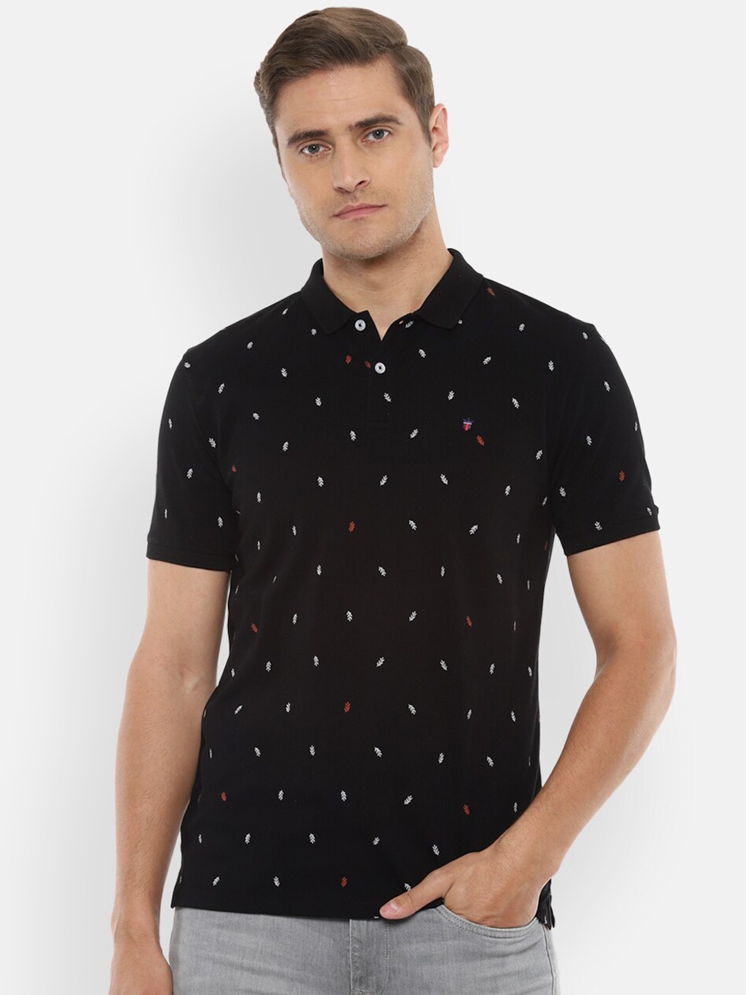 

Louis Philippe Jeans Men Black Printed Mandarin Collar Applique Slim Fit T-shirt