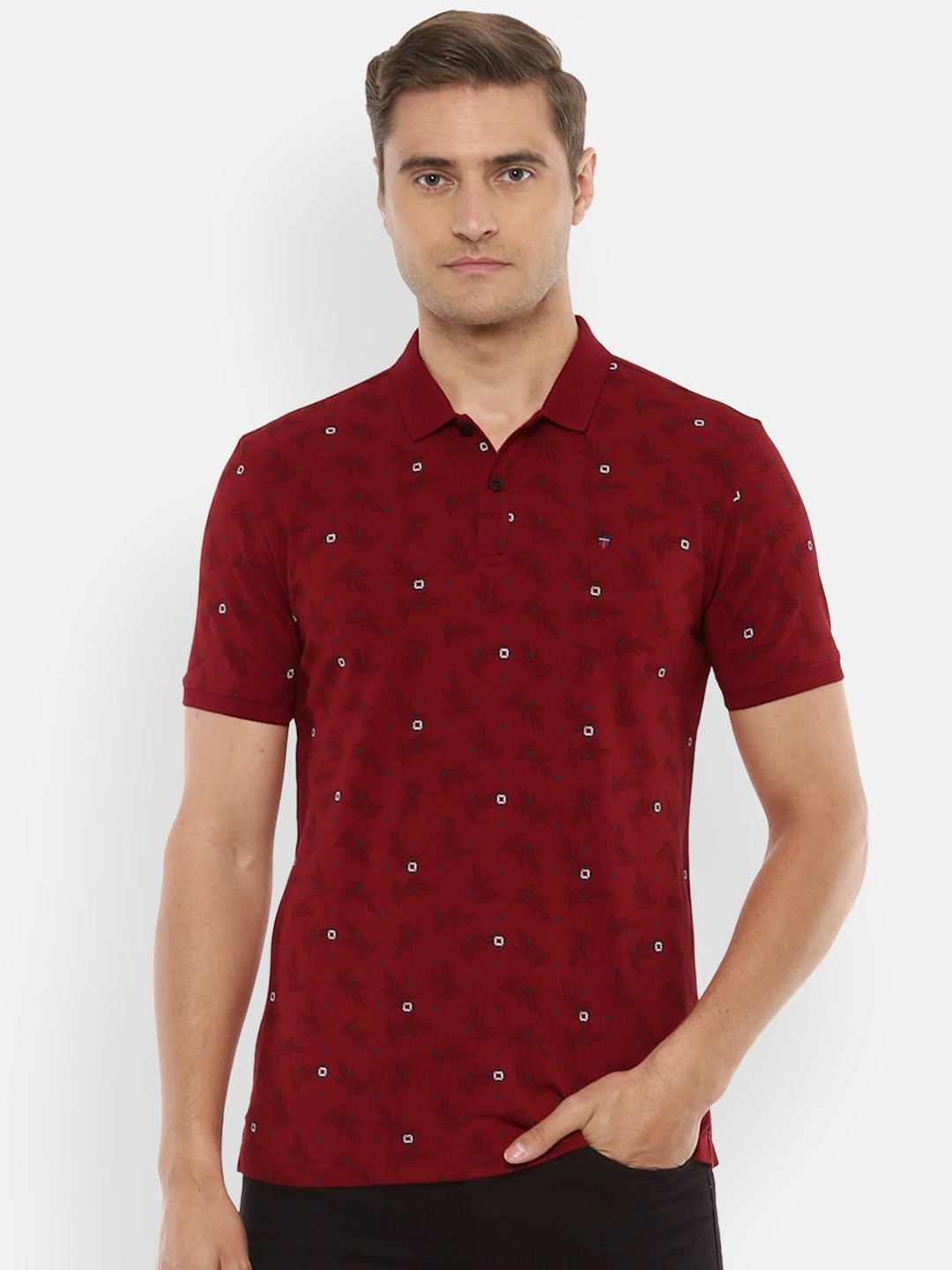 

Louis Philippe Jeans Men Maroon Floral Polo Collar Tropical Slim Fit T-shirt