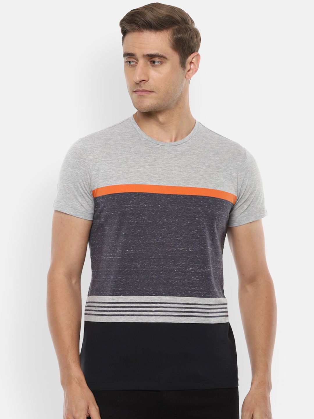 

Louis Philippe Jeans Men Grey Colourblocked Slim Fit T-shirt
