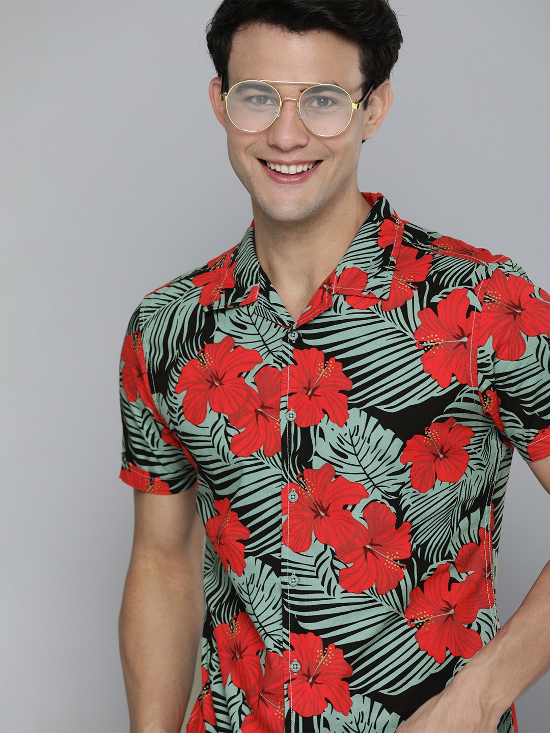 

HERE&NOW Men Red & Grey Slim Fit Floral Printed Pure Cotton Casual Shirt