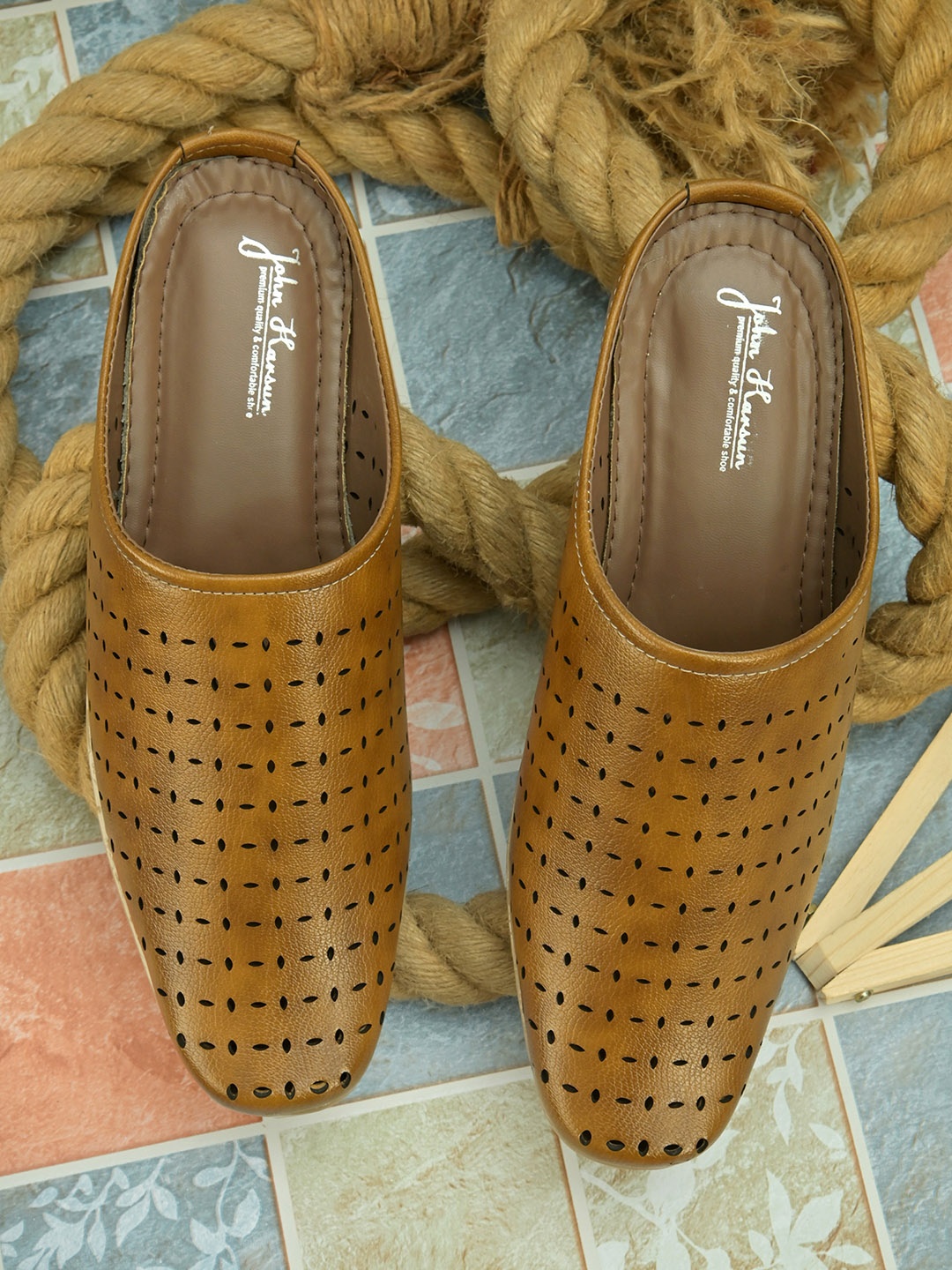 

John Karsun Men Tan Textured Shoe-Style Sandals With Laser Cut