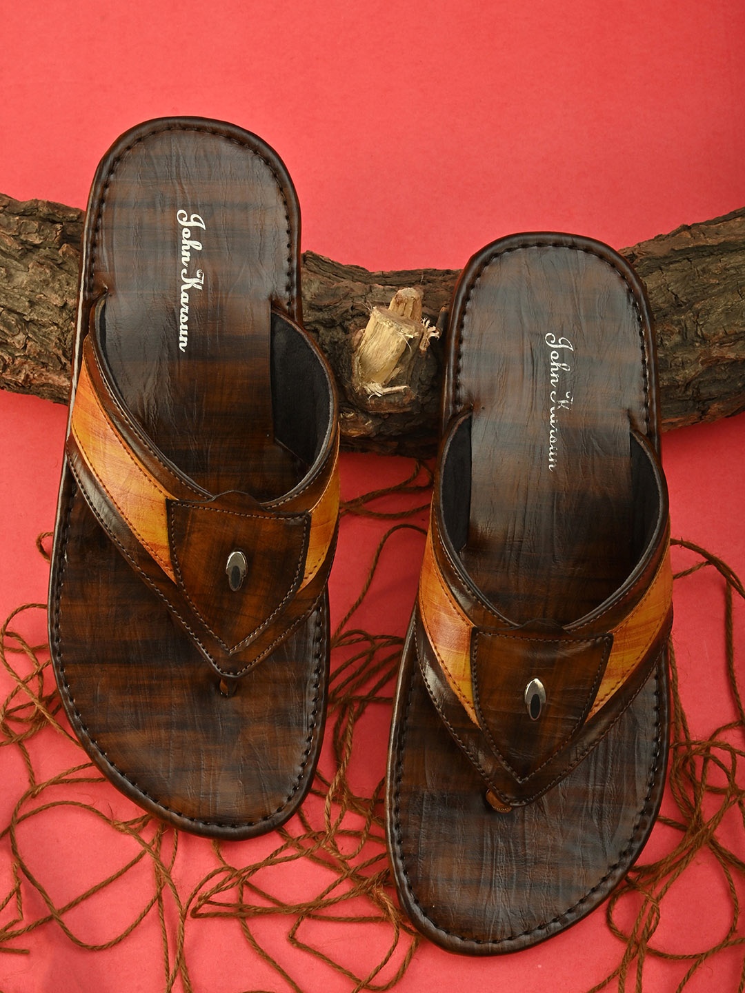 

John Karsun Men Brown & Yellow Thong Flip-Flops