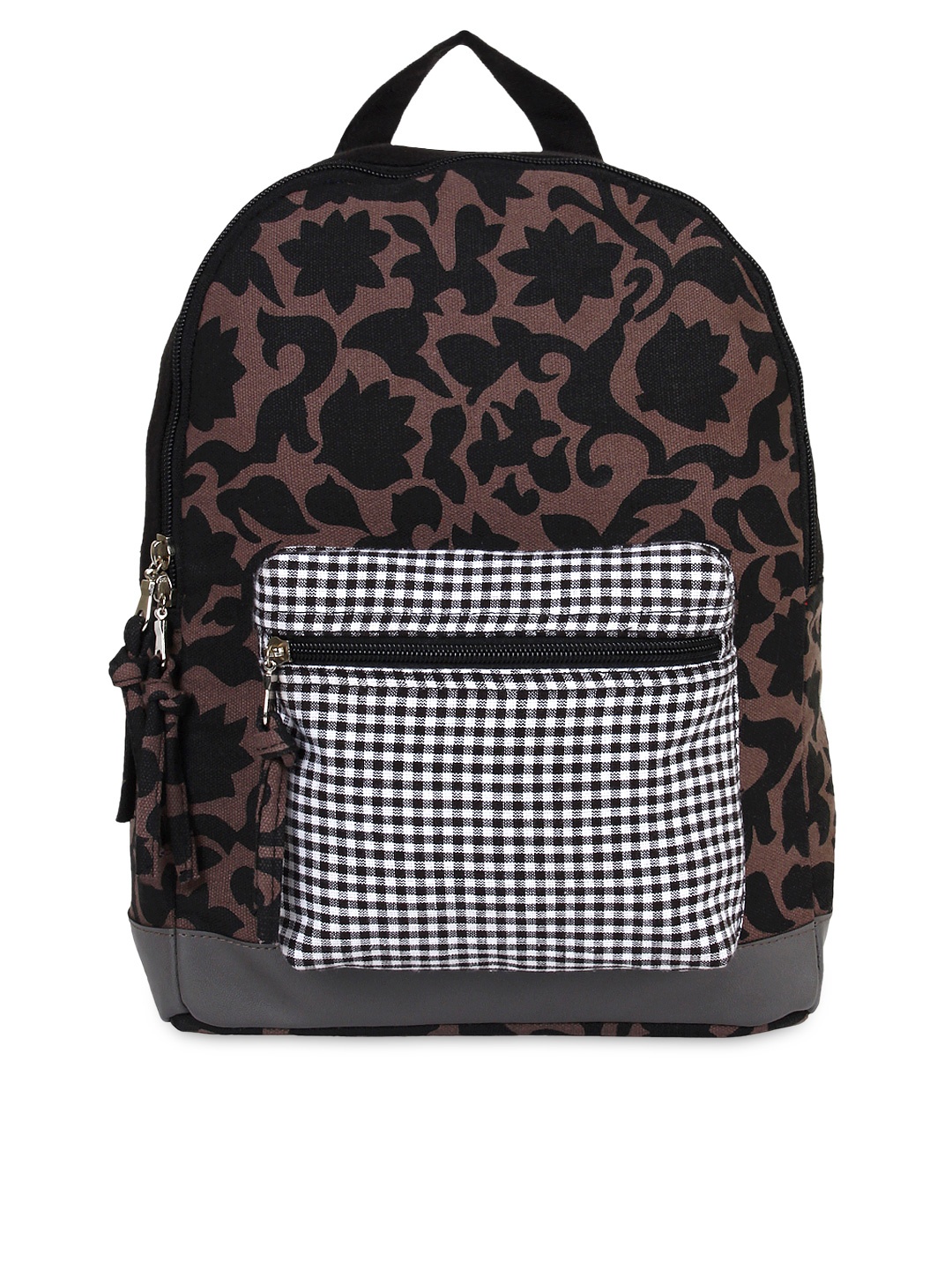 

Anekaant Women Brown & White Floral Print & Checked Backpack