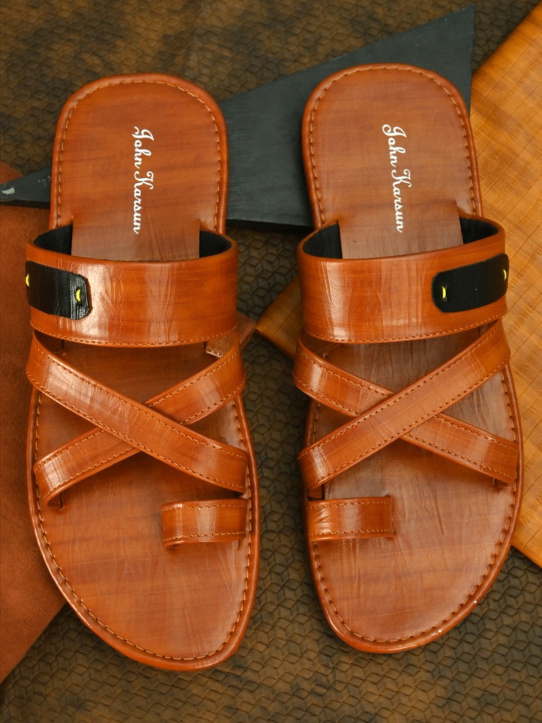 

John Karsun Men Tan Textured Comfort Sandals