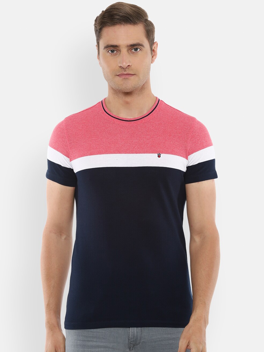 

Louis Philippe Sport Men Navy Blue & Pink Colourblocked Pure Cotton Slim Fit T-shirt