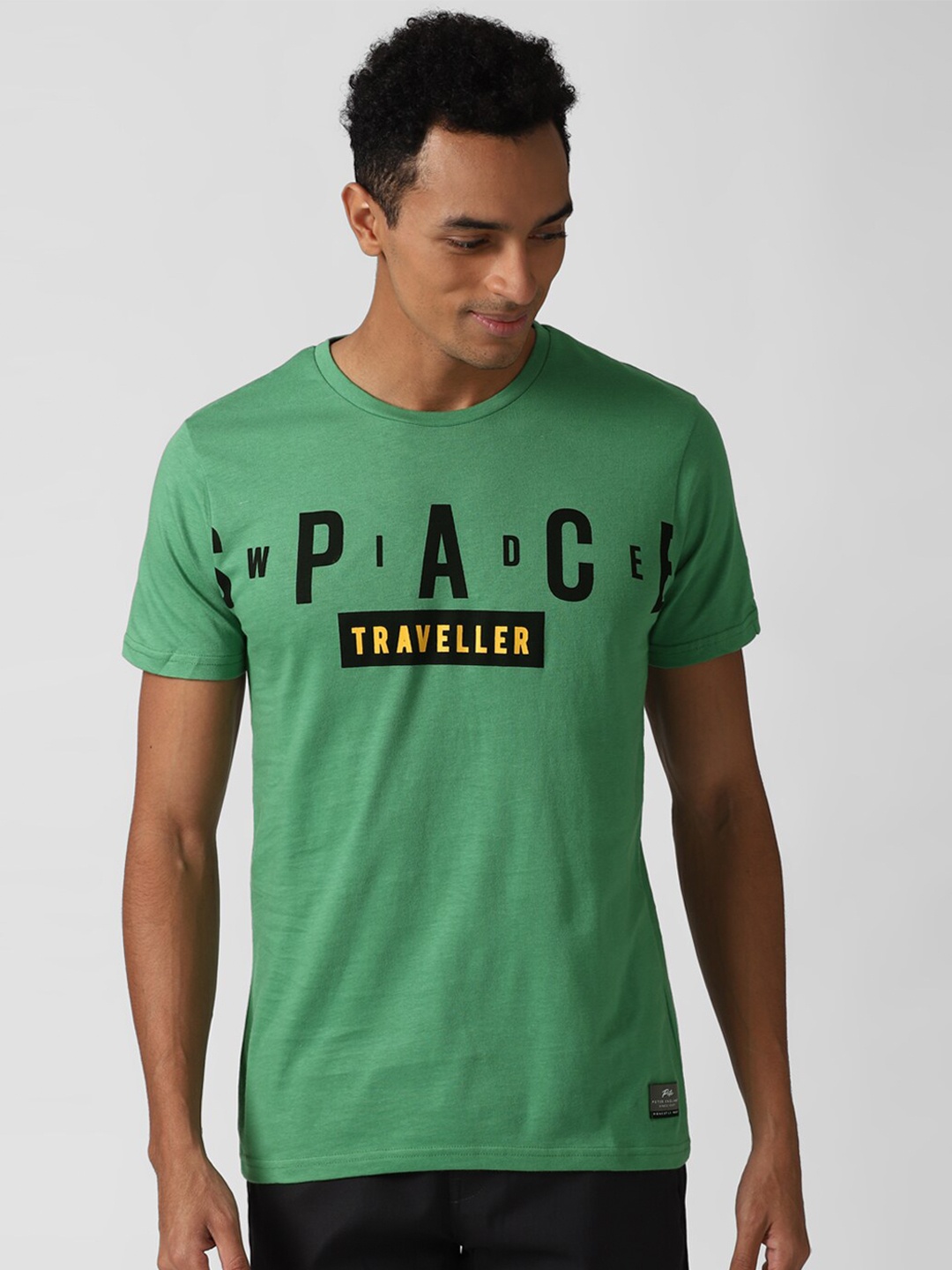 Peter England Casuals Men Green & Black Typography Printed Slim Fit Pure Cotton T-shirt