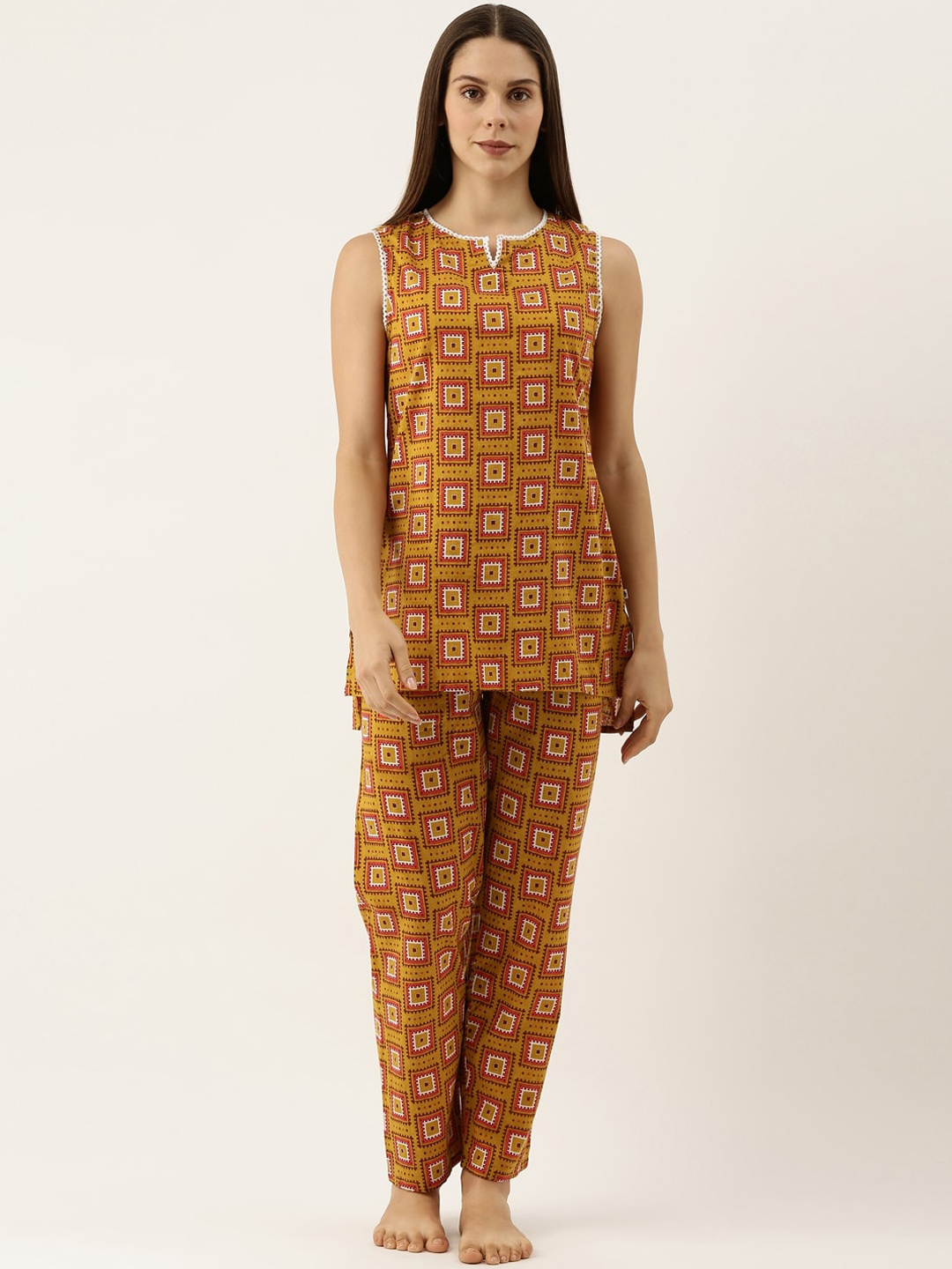 

Bannos Swagger Women Mustard Printed Night suit