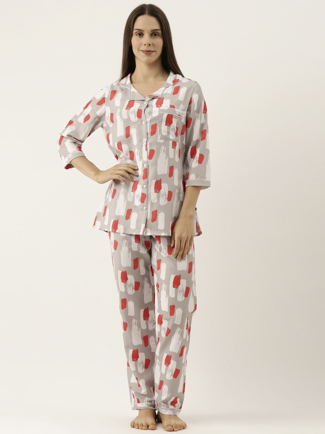 

Bannos Swagger Women Grey & Red Printed Night suit