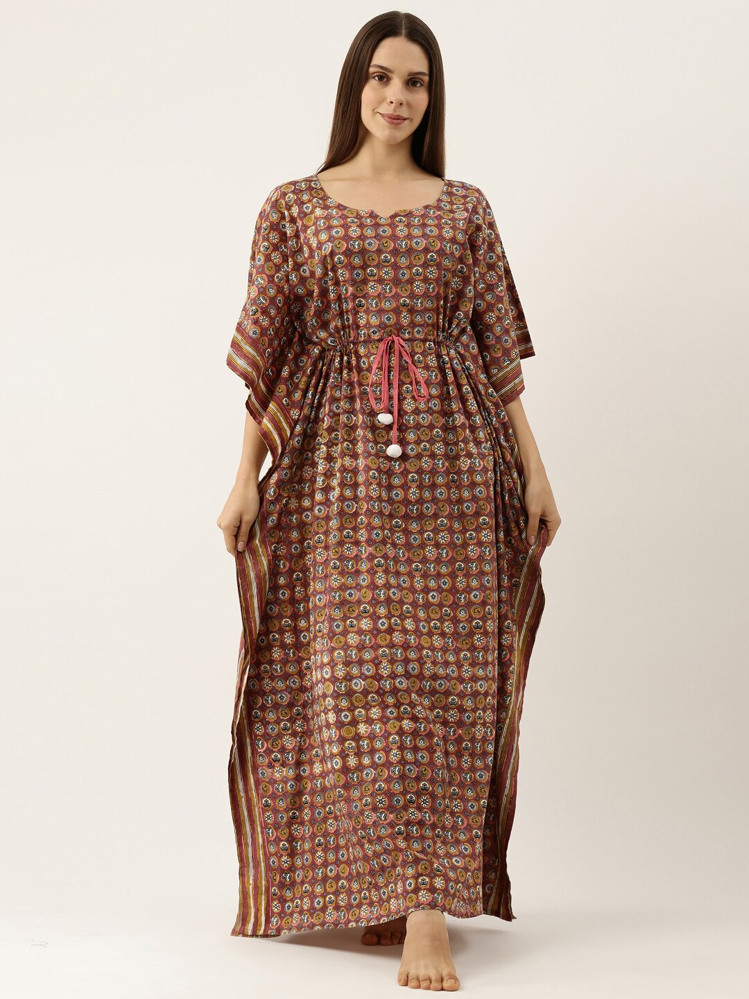 

Bannos Swagger Pink Printed Maxi Length Pure Cotton Kaftan Nightdress