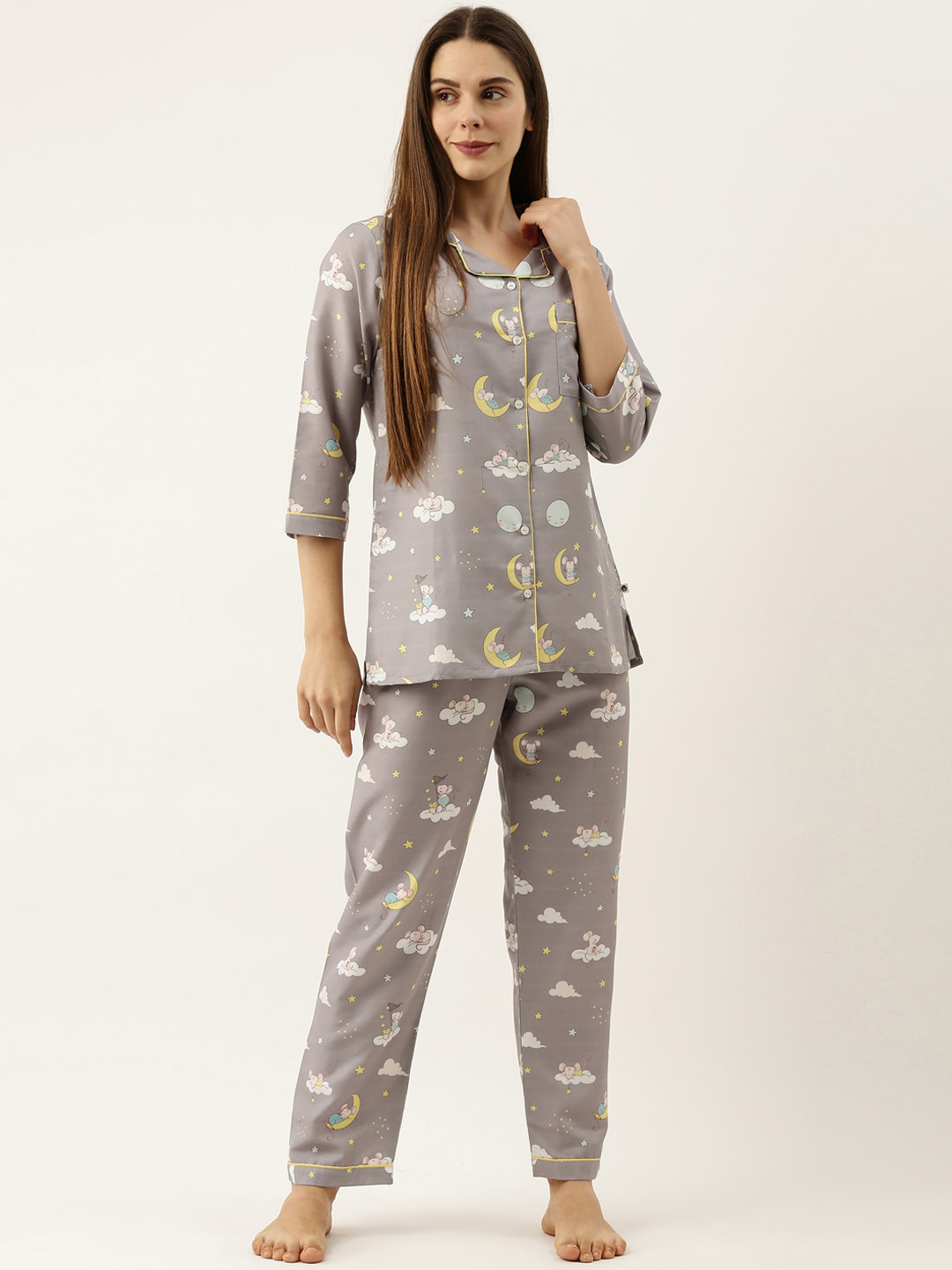 

Bannos Swagger Women Grey & White Printed Night suit