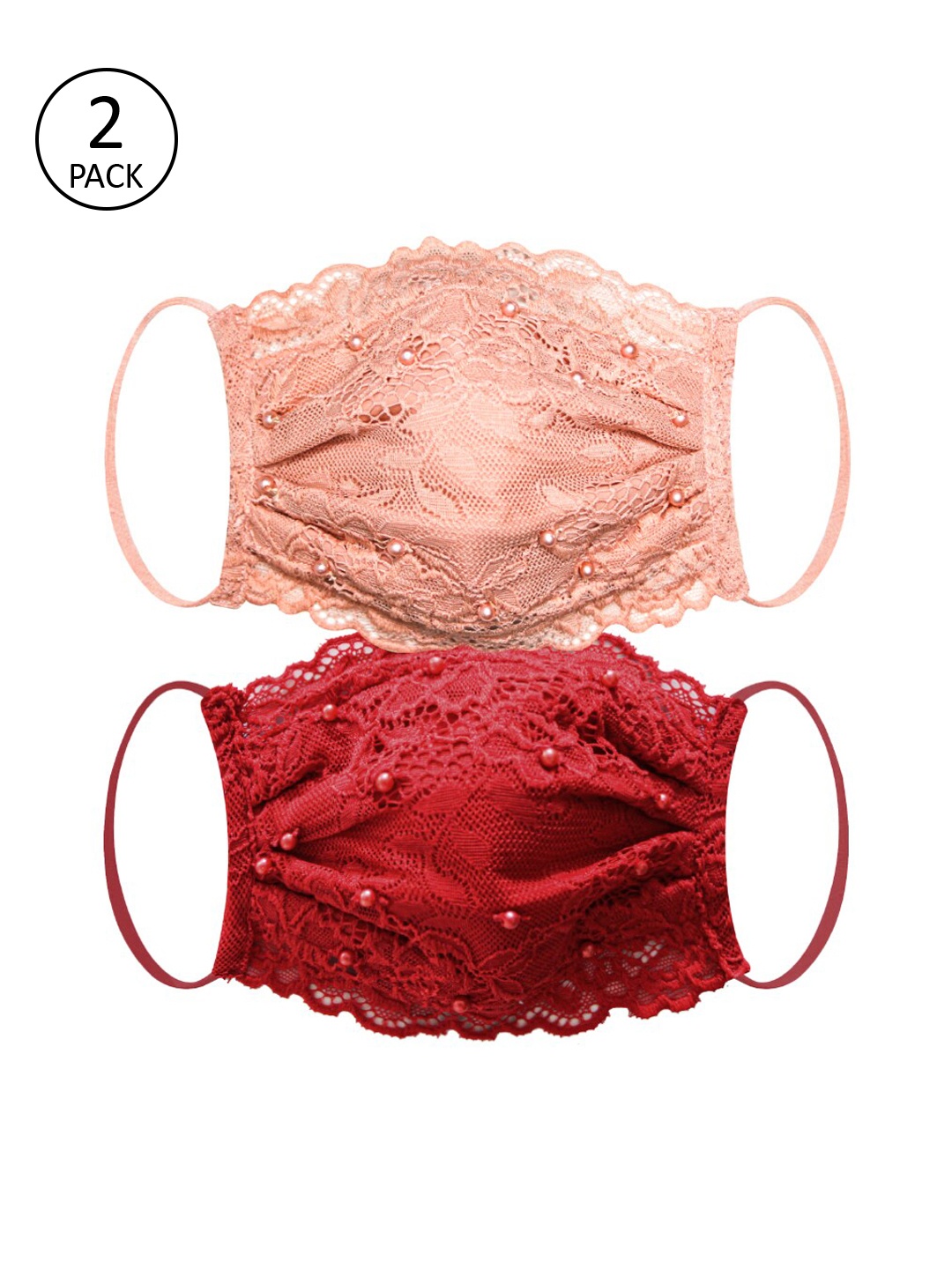 

Daffodils GIRLS WEAR Pack Of 2 Solid 4-Ply Reusable Lace Cloth Masks, Red
