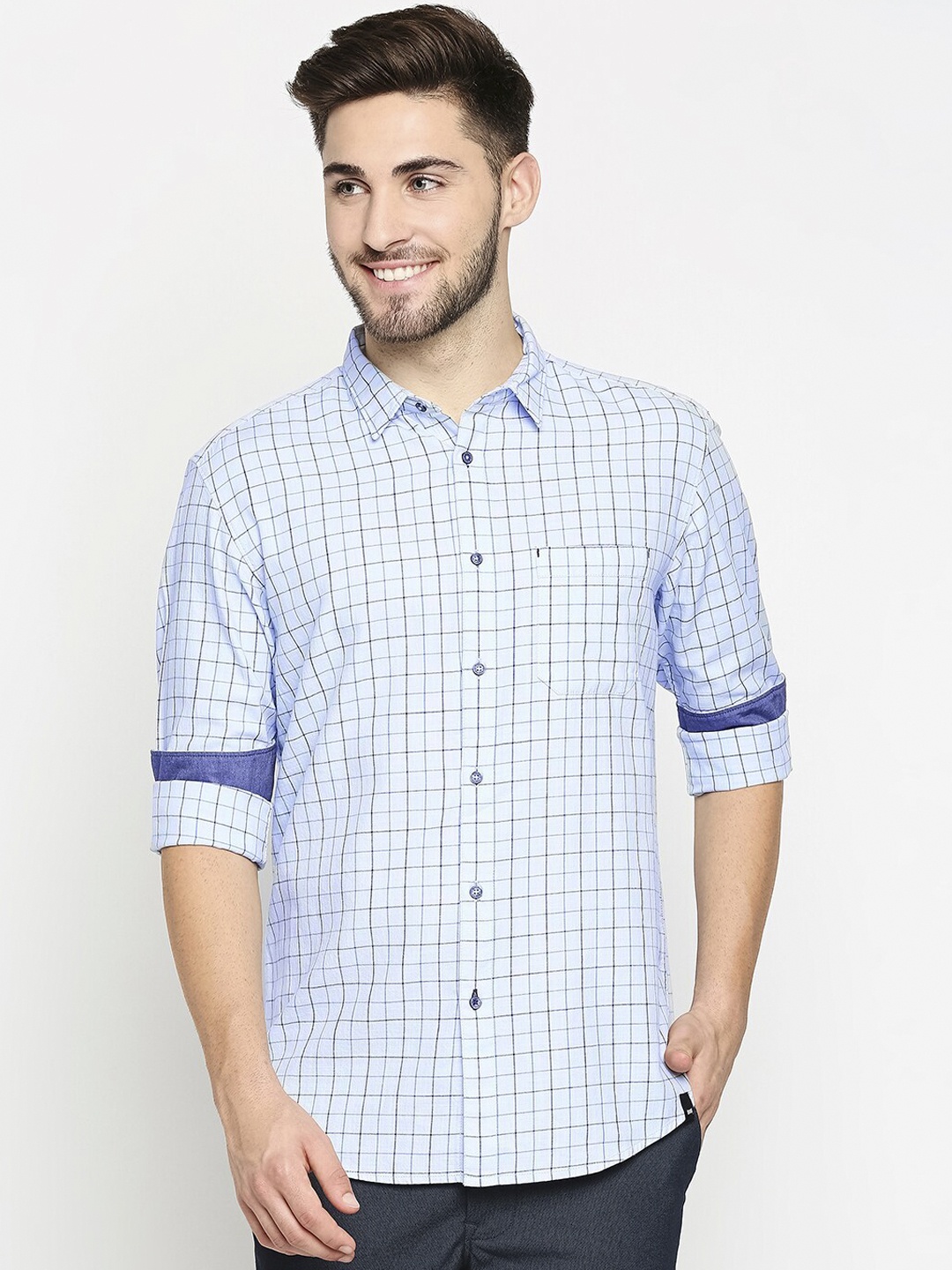 

Basics Men Blue Slim Fit Windowpane Checks Pure Cotton Casual Shirt