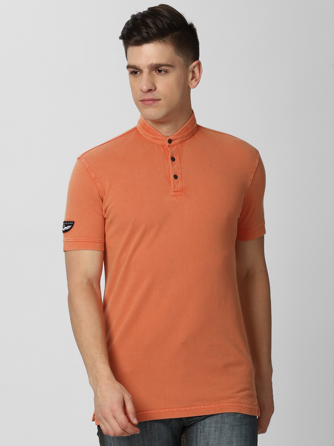 

Peter England Casuals Men Orange Mandarin Collar Slim Fit T-shirt