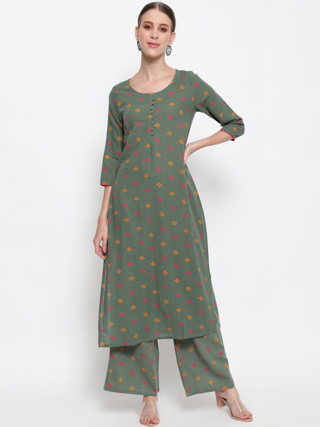 

antaran Women Green Printed Regular Kurta with Palazzos