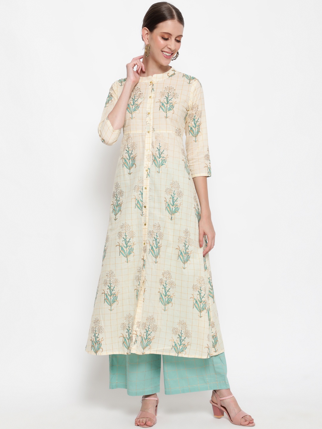 

antaran Women Cream-Coloured Floral Printed Cotton Kurta with Palazzos