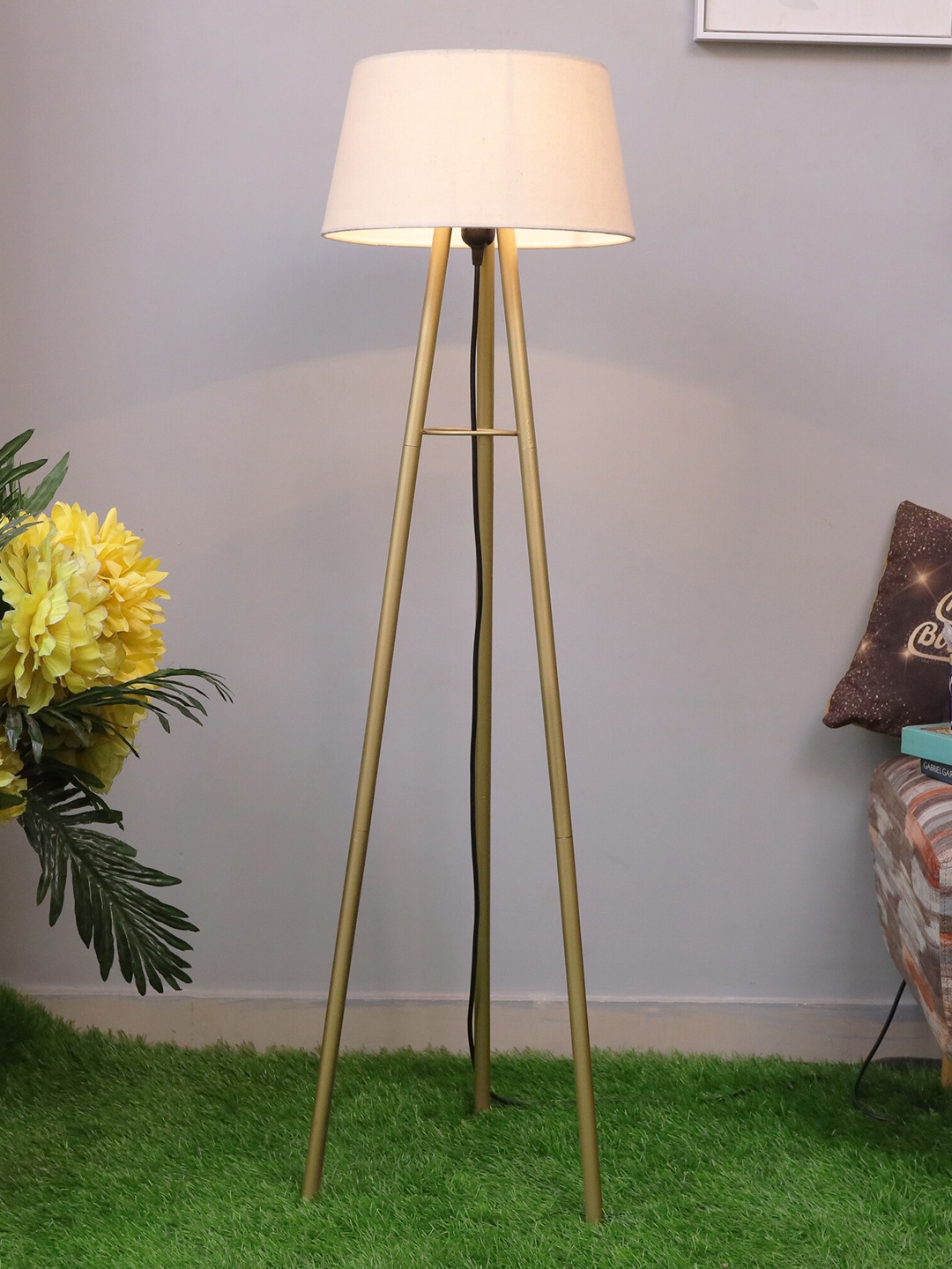 

Homesake Beige and Gold Metal Tripod Floor Lamp with Shade