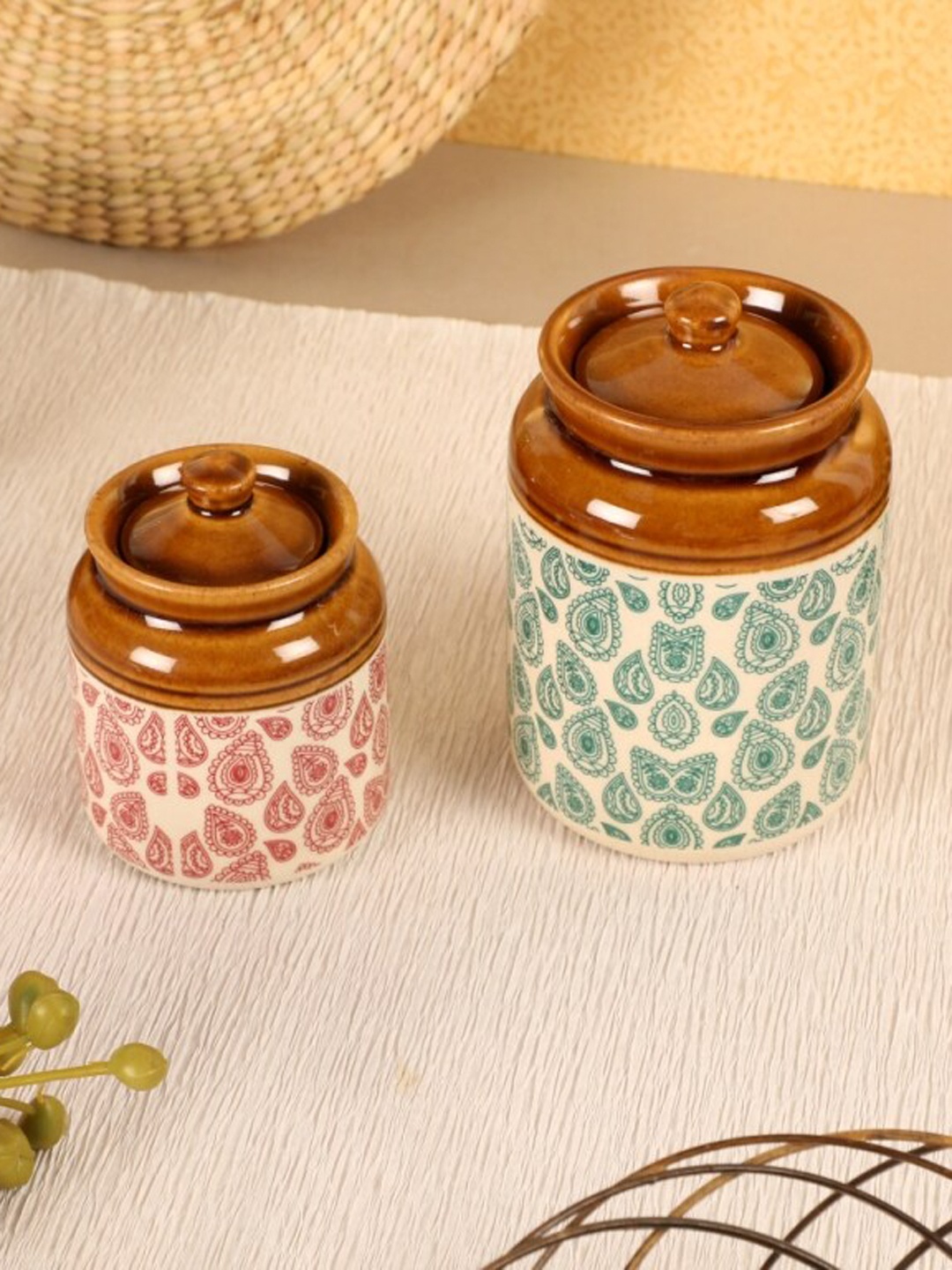 

EK DO DHAI Set of 2 Brown & Blue Paisley Ceramic Canister Jars