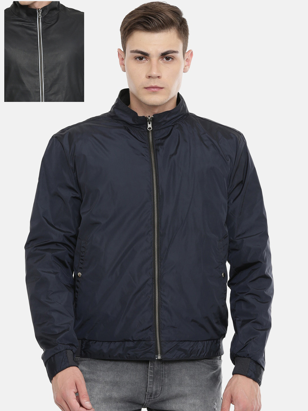 

MONOCHROME Men Black & Blue Leather Reversible Bomber Jacket