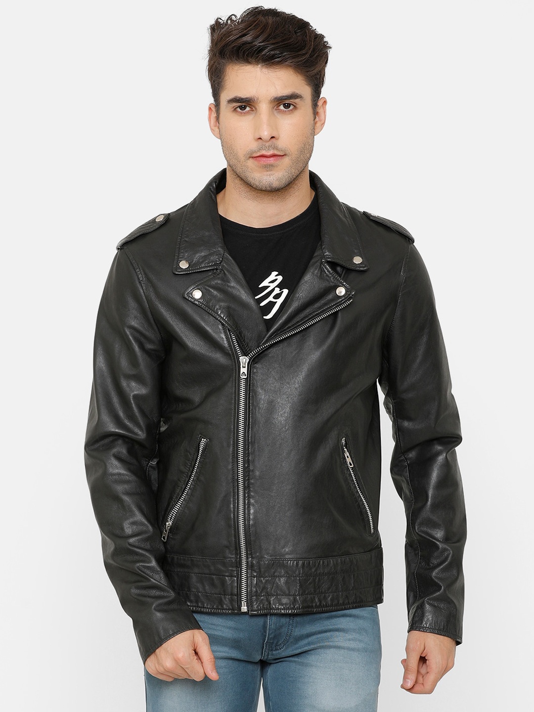 

MONOCHROME Men Black Leather Asymmetric Closure Leather Jacket