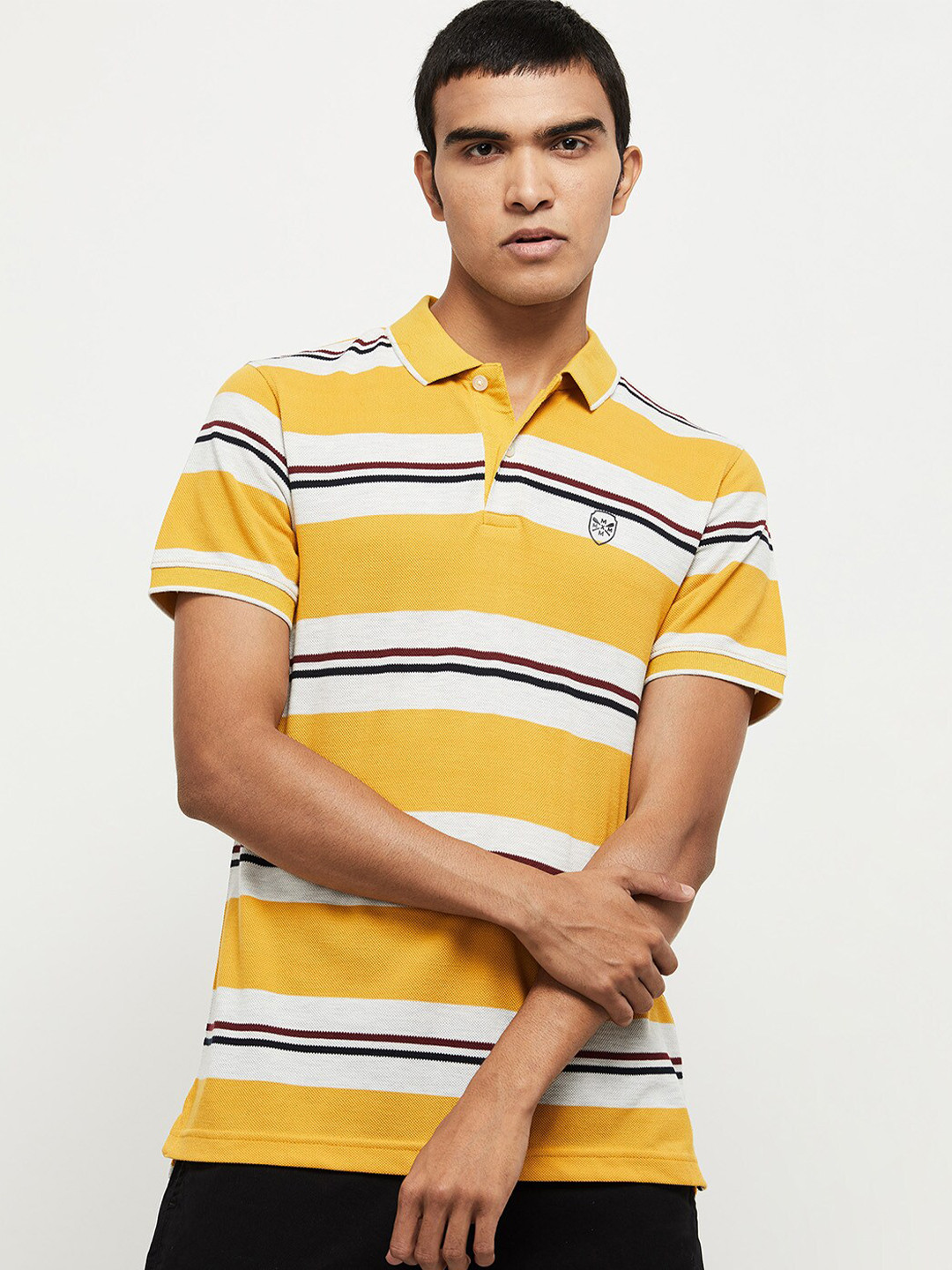 

max Men Yellow & White Striped Polo Collar T-shirt