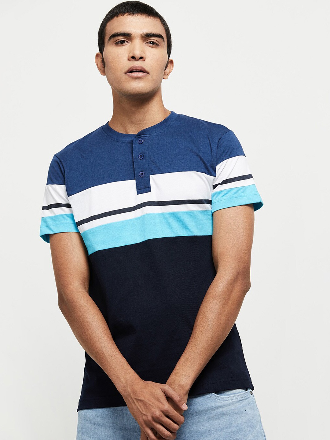 

max Men Blue Striped Henley Neck Pure Cotton T-shirt