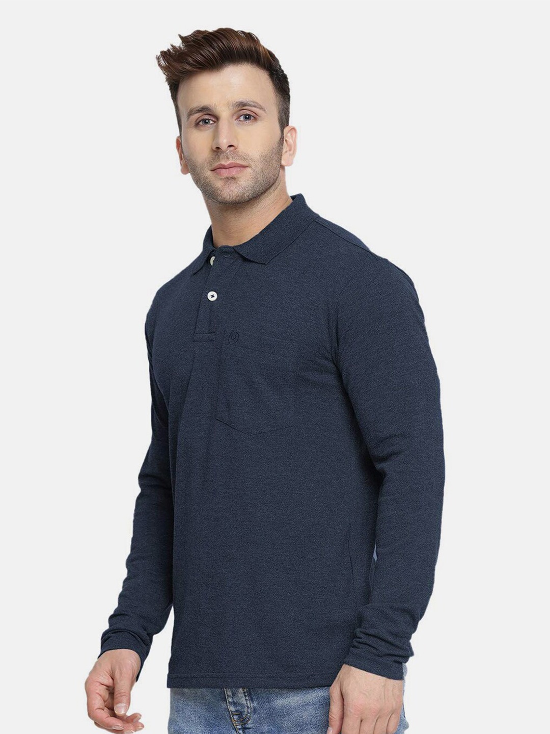 

CHKOKKO Men Blue Solid Polo Collar Long Sleeves T-shirt