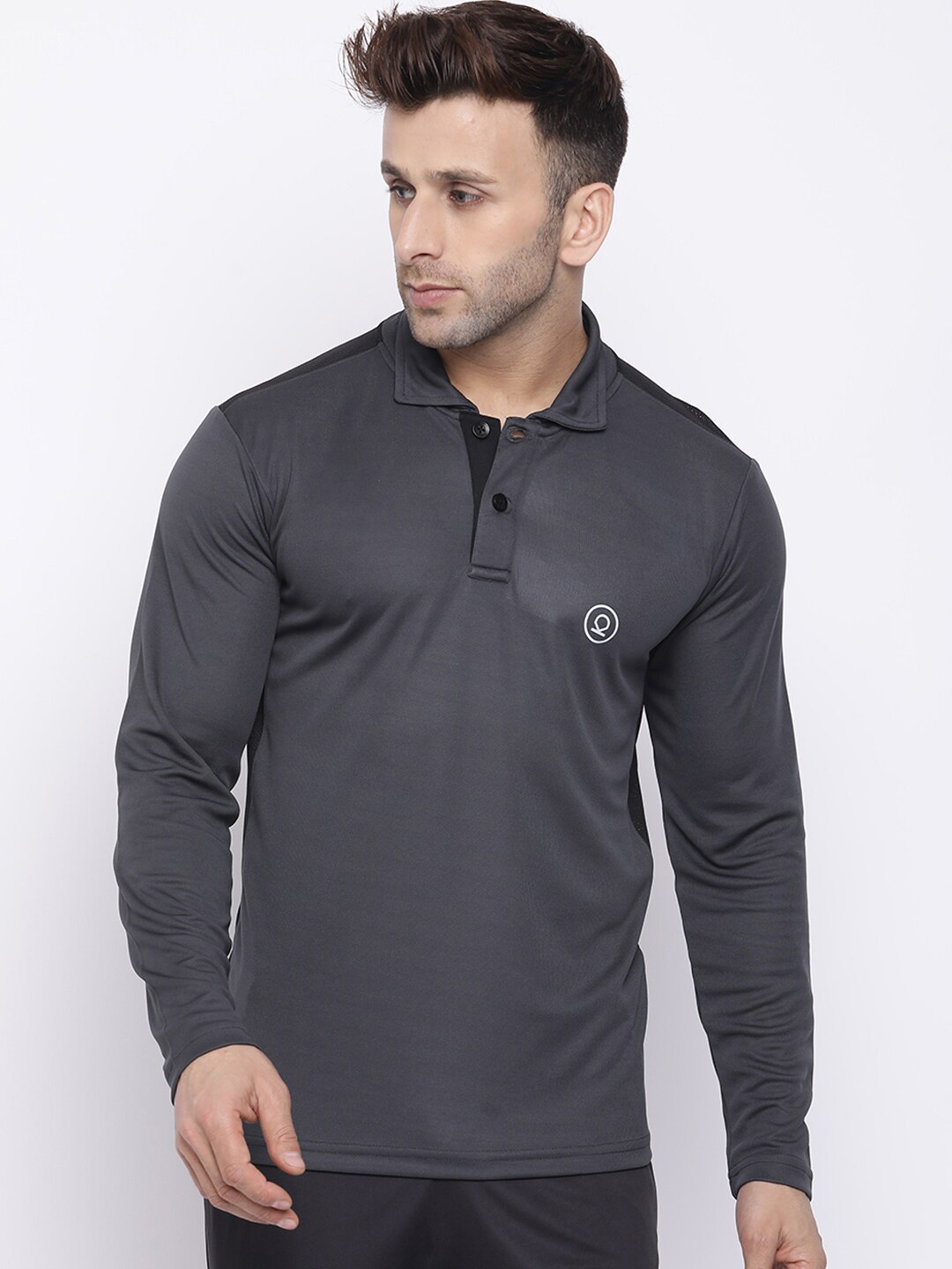 

Chkokko Men Grey Polo Collar Applique Training or Gym T-shirt
