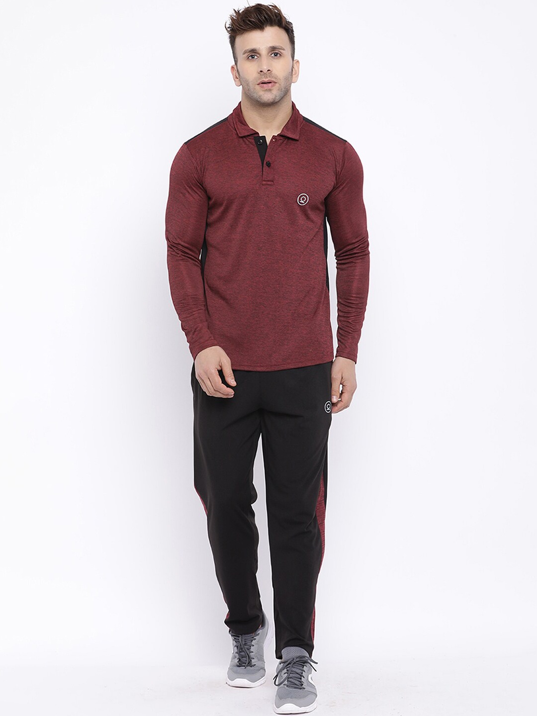 

Chkokko Men Maroon and Black Solid Polyester Tracksuit